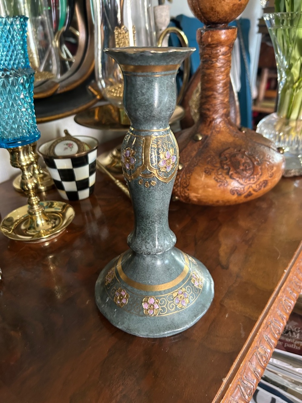 Vintage Green Floral Candle Holder - Picture 5 of 6